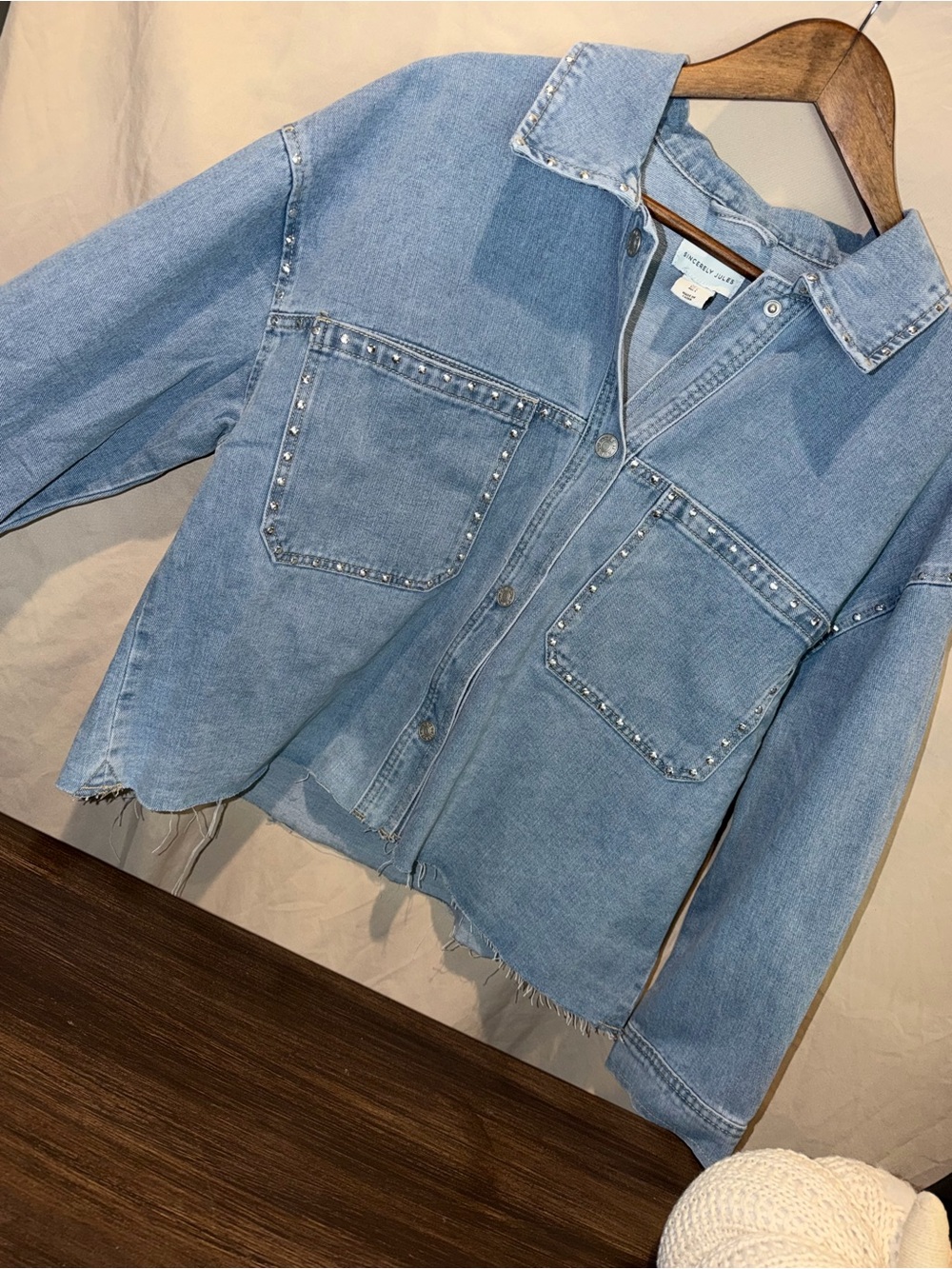 Sincerly Jules Light Blue Studded Denim Shirt Jacket